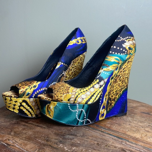 Aldo Satin Printed Fabric Jewel Tone Wedge Platform Size 39 US 8.5 - Picture 4 of 10